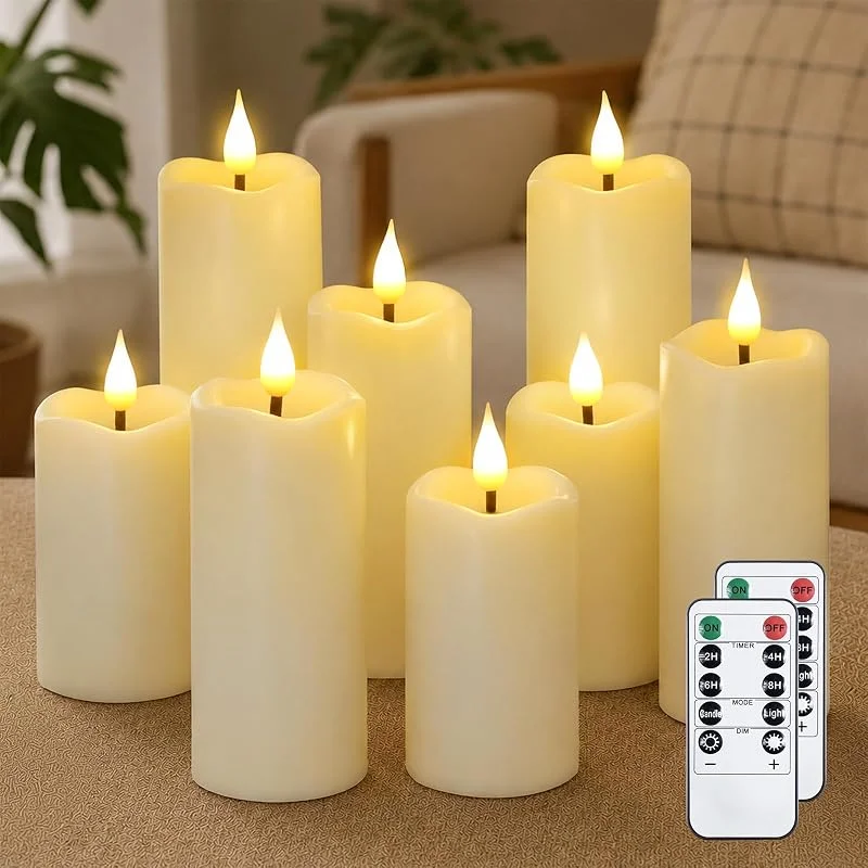 Yeelida Velas LED marfil parpadeantes a pilas con mecha en forma de lágrima, Paquete de 8 velas de plástico sin llama con 2 mandos a distancia y temporizador (5.3cm x 11, 14, 17cm) — Cena a la luz de velas