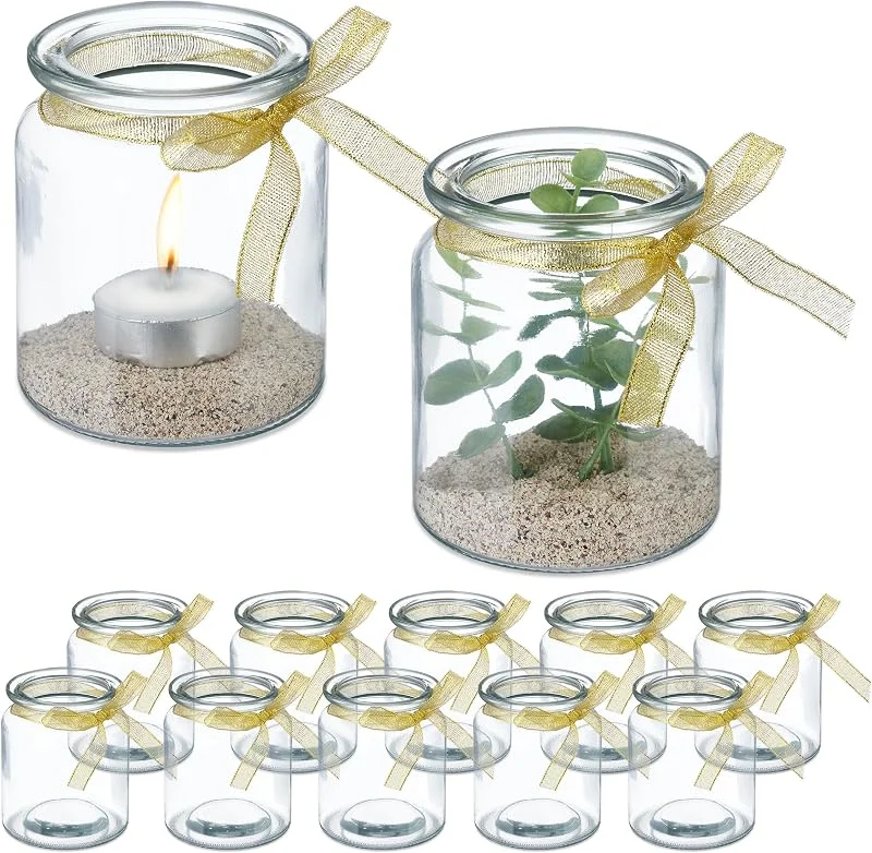 Visita la tienda de Relaxdays Relaxdays Portavelas, Set de 12, Cristal, Porta Velas Té con Lazo, 9, 5 x 8 cm, Interior y Exterior, Transparente, Dorado — Cena a la luz de velas