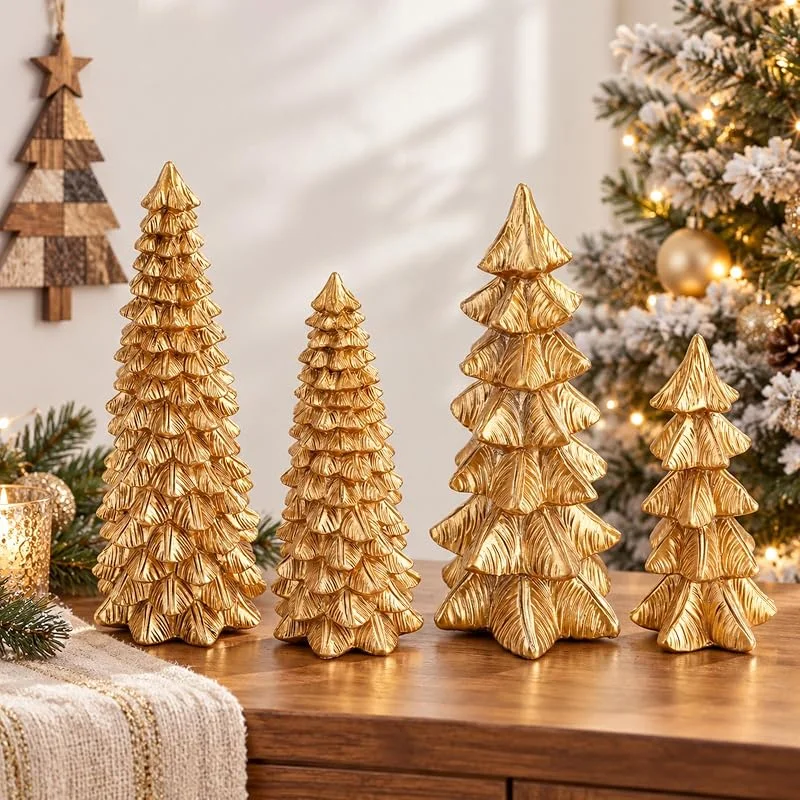 Gosknor 4 Piezas Figuras Árbol Navidad Dorado, Árboles Navidad Mesa Resina — Decoracion Navidad