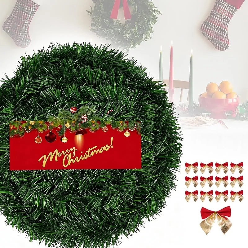 NefLaca Guirnalda de Navidad de 10 m con 45 lazos de Navidad DIY guirnalda de pino artificial para interiores y exteriores. Esta guirnalda de abeto agrada a toda la familia — Decoracion Navidad