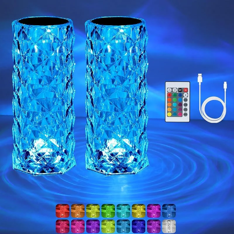 Haotao 2 lámparas LED de mesa, lámpara de noche de cristal, acrílico diamante inalámbrico, táctil, regulable, con mando a distancia, cambio de color RGB, luz nocturna, 2000 mAh, 16 colores, para dormitorio — Cena a la luz de velas