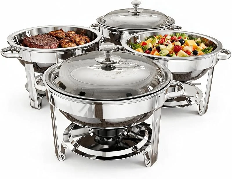 KScocina Juego de 4 platos redondos de acero inoxidable de 5 cuartos de galón para fiestas en casa, reuniones de Navidad, eventos de catering, juego completo de calentador de buffet (plateado) — Adviento y mesa