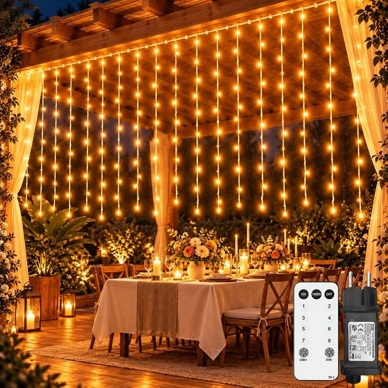 Kimuwote Cortina de luces LED para exteriores, 3 x 1 m, 150 LED, con temporizador — Luces Navidad