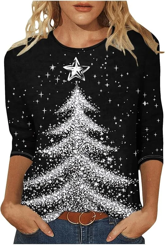 tacniseyw Camisetas de invierno para mujer, suéter de Navidad con estampado divertido de árbol de Navidad, manga 3, 4, cuello redondo, sudadera con estampado gráfico, suéteres de árbol de Navidad — Ropa Navidad