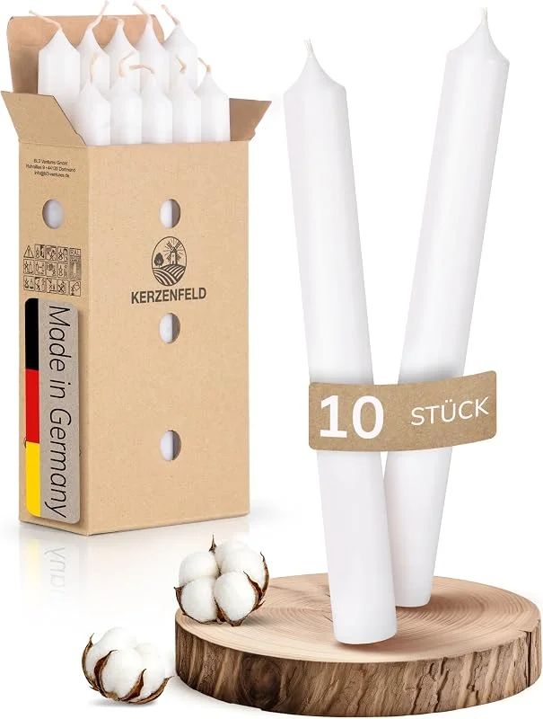 Kerzenfeld Velas blancas de varilla, 10 unidades, 18 cm x 2, 2 cm, 2 capas sumergidas — Cena a la luz de velas