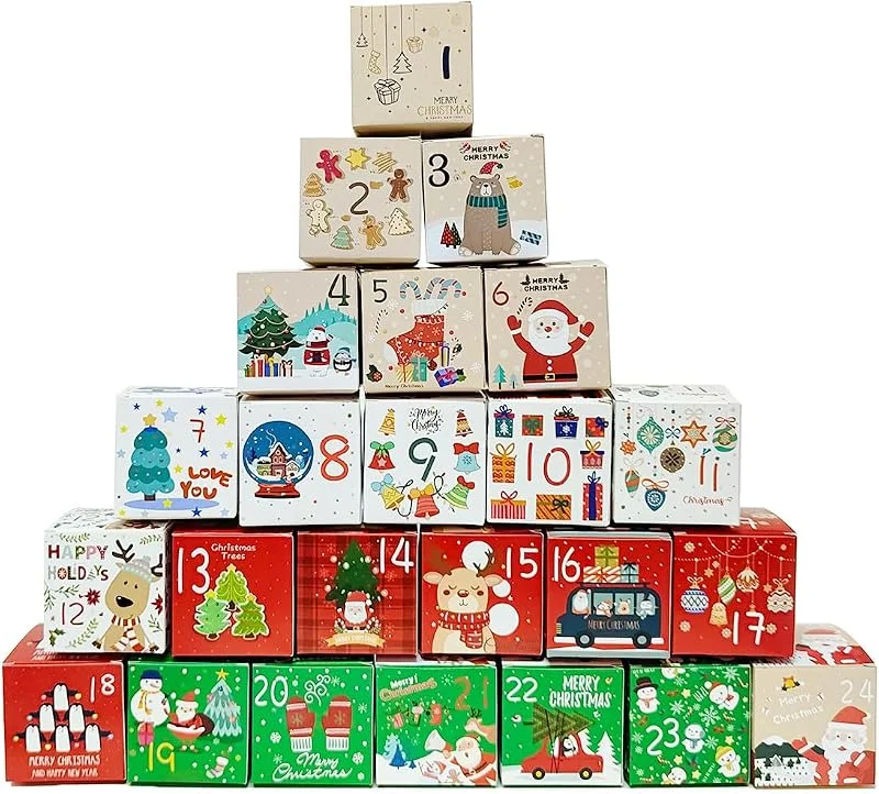 DAHI Calendario de Adviento para rellenar 24 cajas de calendario de Adviento, hermosa bolsa de regalo, cajas de calendario de Adviento con temas de Navidad (B) — Adviento y mesa