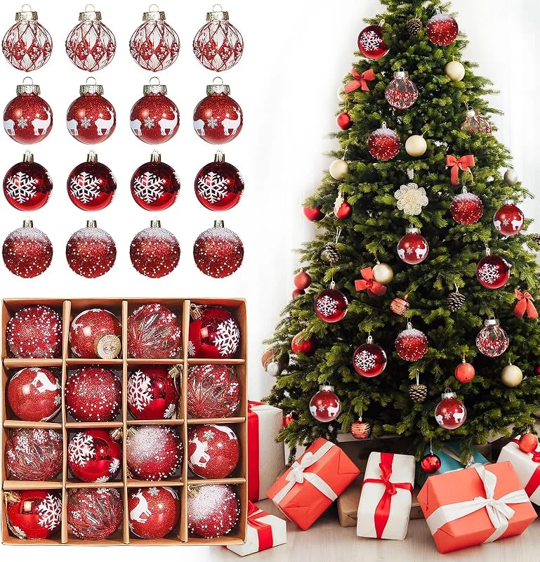 Kizozo Juego de 16 Bolas de Navidad de Plástico de 6 cm, Bolas de Navidad Personalizadas, Color Rojo y Blanco, Decoración Navideña para Exterior e Interior — Decoracion Navidad
