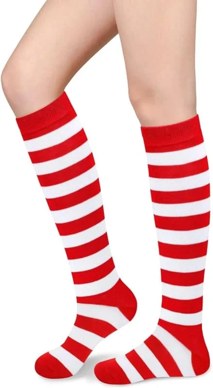 LQTSLFM Calcetines Altos Mujer, Medias Rayas Rojas y Blancas, Calcetines Largos Rayas, Calcetines Hasta la Rodilla para Mujer para Fiestas de Carnaval, Navidad, Nochevieja — Ropa Navidad