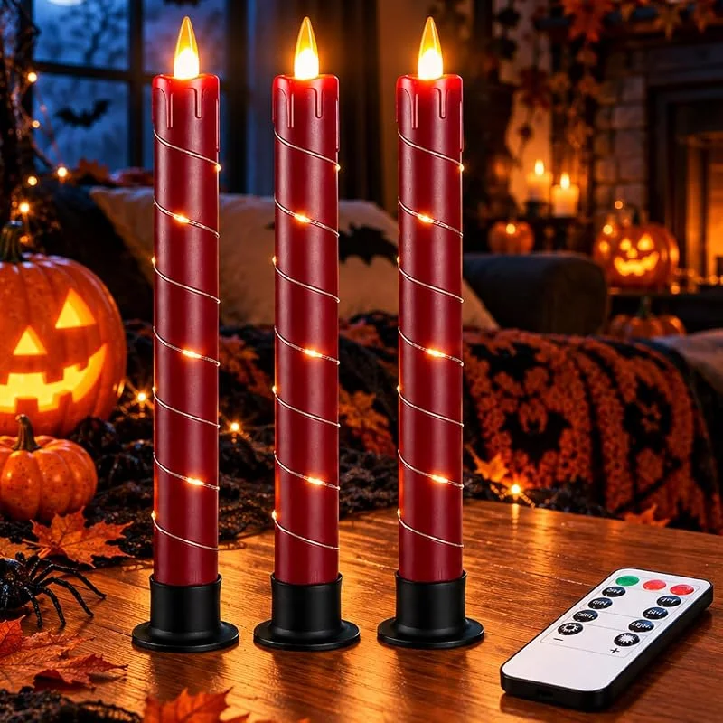 Visita la tienda de Da by Da by Paquete de 3 velas cónicas rojas sin llama, velas LED realistas con cadena de luces de hadas, control remoto, funciona con pilas, luces parpadeantes para Navidad, boda, decoración del hogar — Luces Navidad