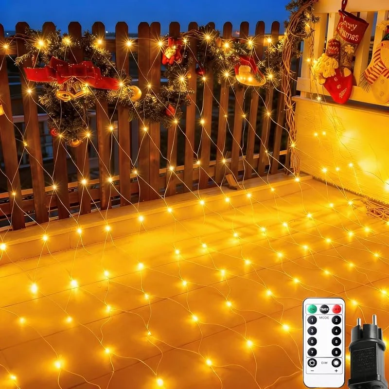POIFL 208 LED Guirnaldas Neta Luz Exterior, 3 x 2M Red de Luces Navidad con Enchufe, Remoto & Temporizador, 8 Modos IP65 Impermeable Luces de Red para Balcón, Césped, Jardín, Navidad, Exterior, Interior