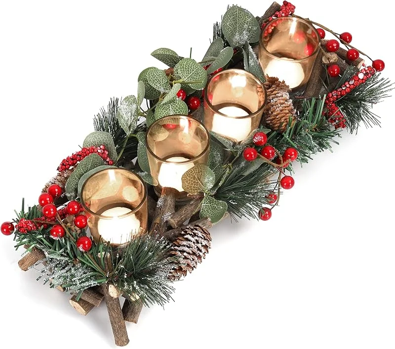 Visita la tienda de BELLE VOUS Belle Vous Portavelas Navidad para Velas de Té - 13 x 37 cm - 4 Candelabros para Velas Votivas - Adornos Navidad Baya Decorativa y Conos de Pino, Centro de Mesa, Hogar, Bodas — Decoracion Navidad