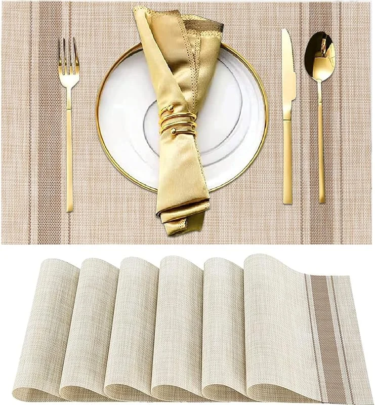 WUBAYI Juego de 6 manteles individuales resistentes al calor, resistentes a las manchas, antideslizantes, con aislamiento de vinilo, lavables, duraderos, elegantes manteles para comedor (beige café) — Hogar y cocina