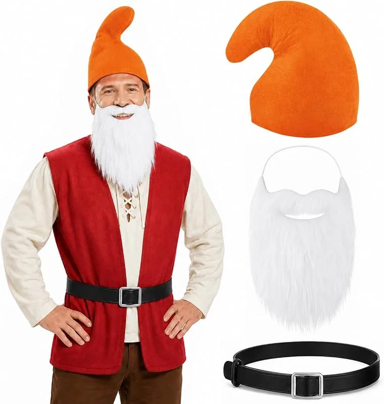 YEAMLTE Accesorios de Disfraz de Gnomo, Sombrero de Enano, Barba Blanca y Cinturón — Ropa Navidad