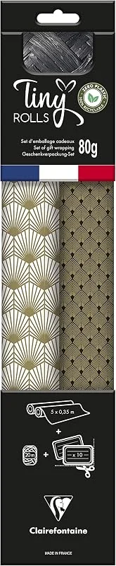 Clairefontaine Tiny Rolls 223891C - Kit de embalaje de regalo (2 rollos de papel con 80 g de 5 x 35 cm, bobina bolduc de 20 m + 10 etiquetas de regalo incluidas), color negro y blanco — Envoltorio regalo