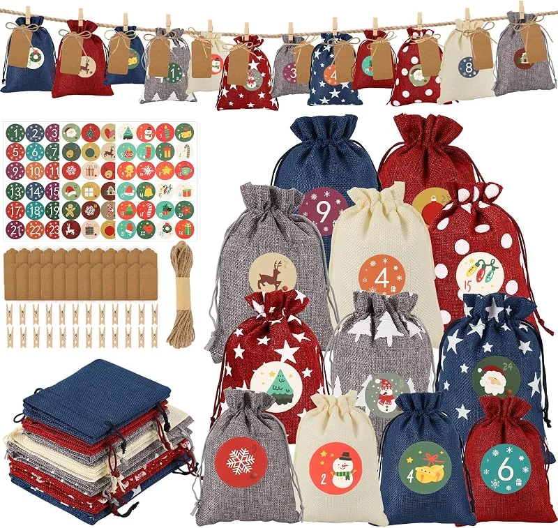 Gucass 24X Calendarios de Adviento para Rellenar, Calendarios de Adviento 2025 Saquitos Grandes Calendario de Navidad Rellenar Uno Mismo, Navidad Calendarios de Adviento Bolsas de Tela para Niños — Adviento y mesa