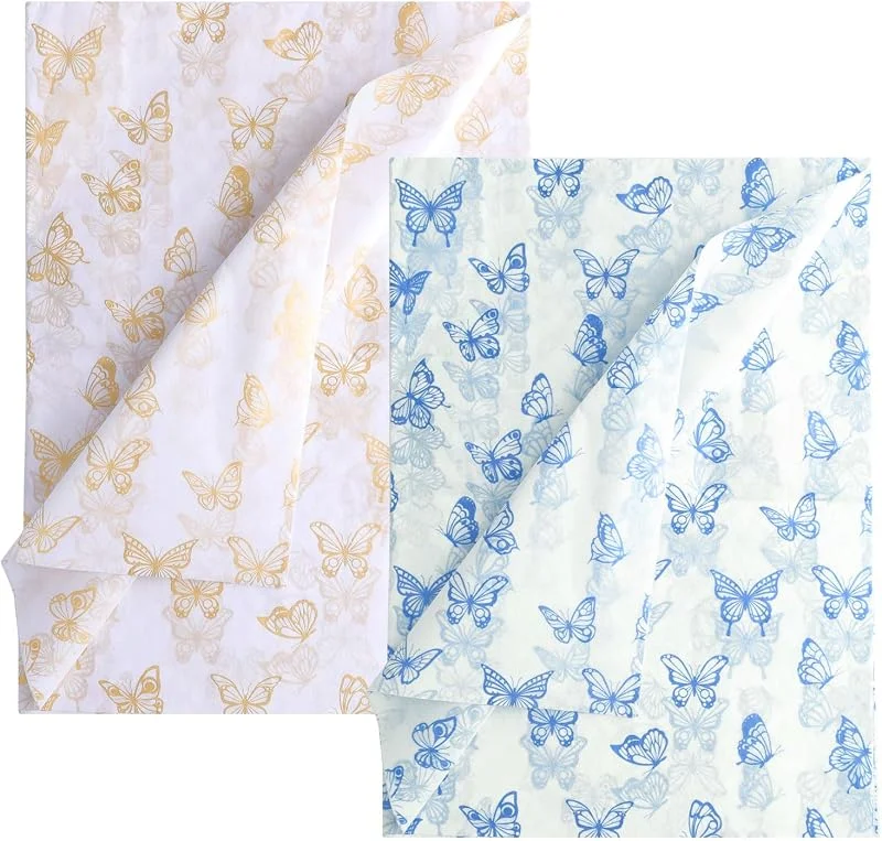 LUTER 30 Piezas Hojas de Papel de Seda de Mariposa, 35x50cm Oro y Azul Papel de Seda para Envolver Embalaje para Navidad Boda Fiesta de Cumpleaños Baby Showers Manualidades Artes (Fondo Blanco) — Envoltorio regalo
