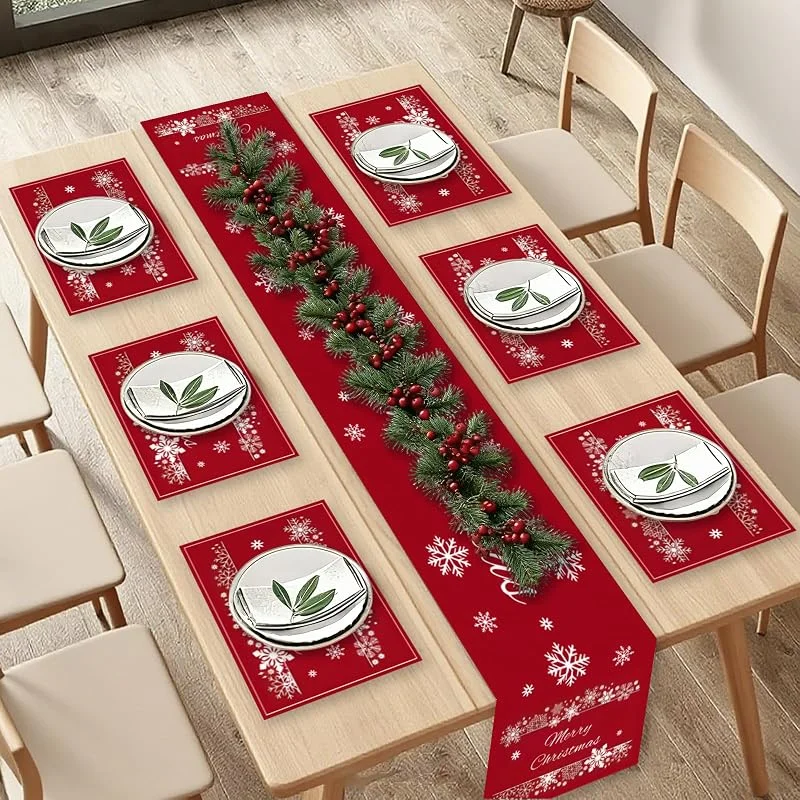 HAQIUHETO Mantel navideño rojo 38 x 180 cm y 6 manteles individuales de 35 x 45 cm, decoración de mesa de Navidad, material Oxford 600D, lavable a máquina — Hogar y cocina