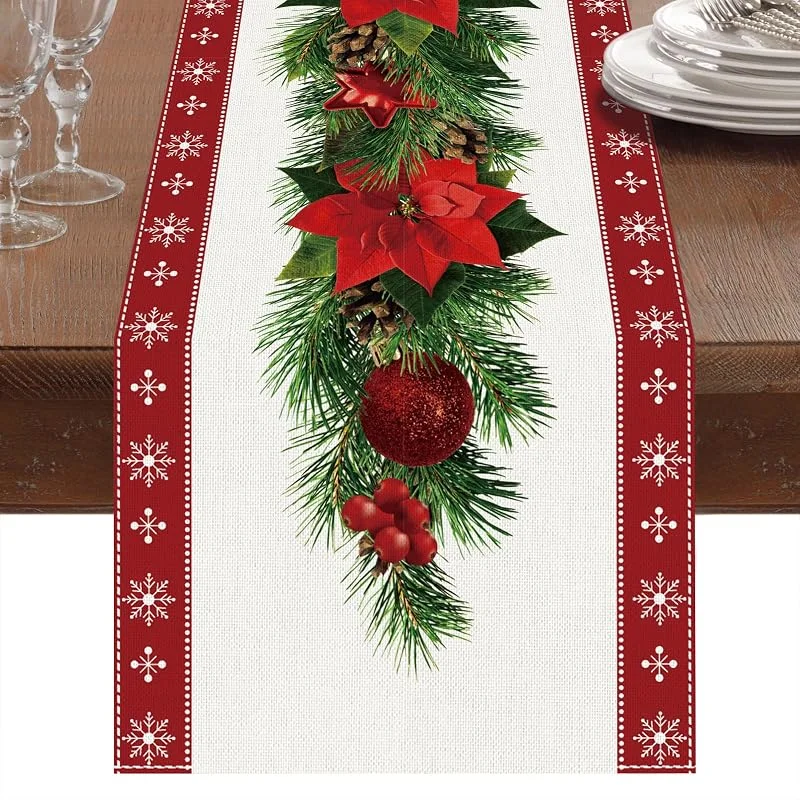 Visita la tienda de Patimate Camino de Mesa Navideño de Lino Rojo Con Estampado de Campanas, Árbol y Flores Rojas - Adorno Largo para Decoración de Mesa de Cena (230 x 33cm) — Hogar y cocina