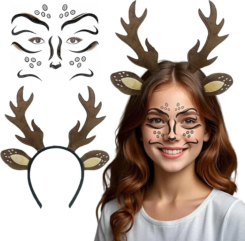 Makoto Nobu Diadema Reno Tiara con Cuernos, Cara Ciervo Tatuaje, Diadema Reno para Disfraces para Navidad Accesorios de Disfraz, Ciervo Traje Tocado para Carnaval Disfraz Fiesta Temática Halloween Cosplay — Ropa Navidad