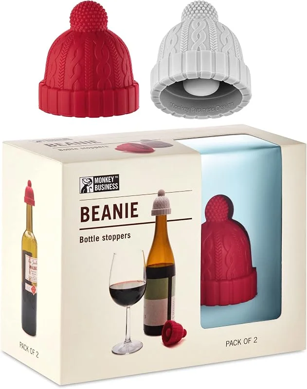 Visita la tienda de Monkey Business Beanie Cap - Tapón decorativo de silicona para botella en caja de regalo, juego de dos, tapón de corcho novedoso, para bebidas y vino, tapones para botellas de champán (rojo y gris) — Vino y mesa festiva