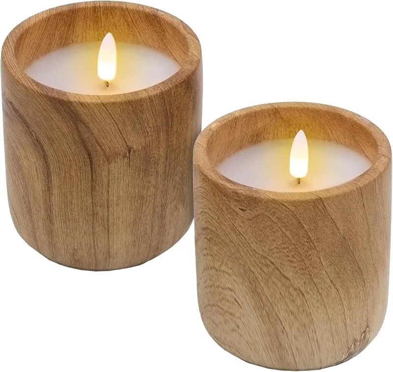Spetebo Velas LED en taza de cerámica con aspecto de madera, 10 x 9 cm, juego de 2 unidades, velas decorativas a pilas con función de temporizador, luz decorativa de ambi — Cena a la luz de velas