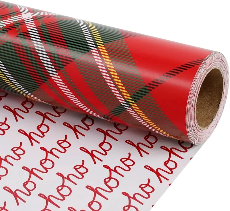 BIOBROWN Papel de Navidad reversible – 43 cm x 10 m (4, 3 m²) – Cuadros de tartán rojo y diseño "HOHO" perfecto para Navidad, fiestas y como regalo de regalo. — Envoltorio regalo