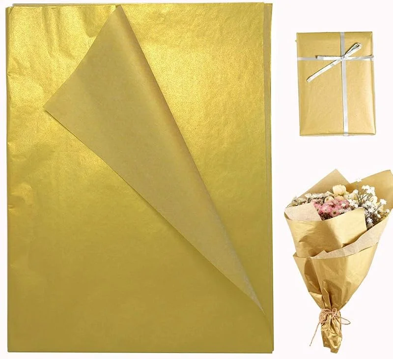 OTMVicor Papel de seda dorado, 50 hojas de papel de regalo metálico, de 35, 5 x 50, 8 cm para bodas, cumpleaños, aniversario, decoración del día de San Valentín — Envoltorio regalo