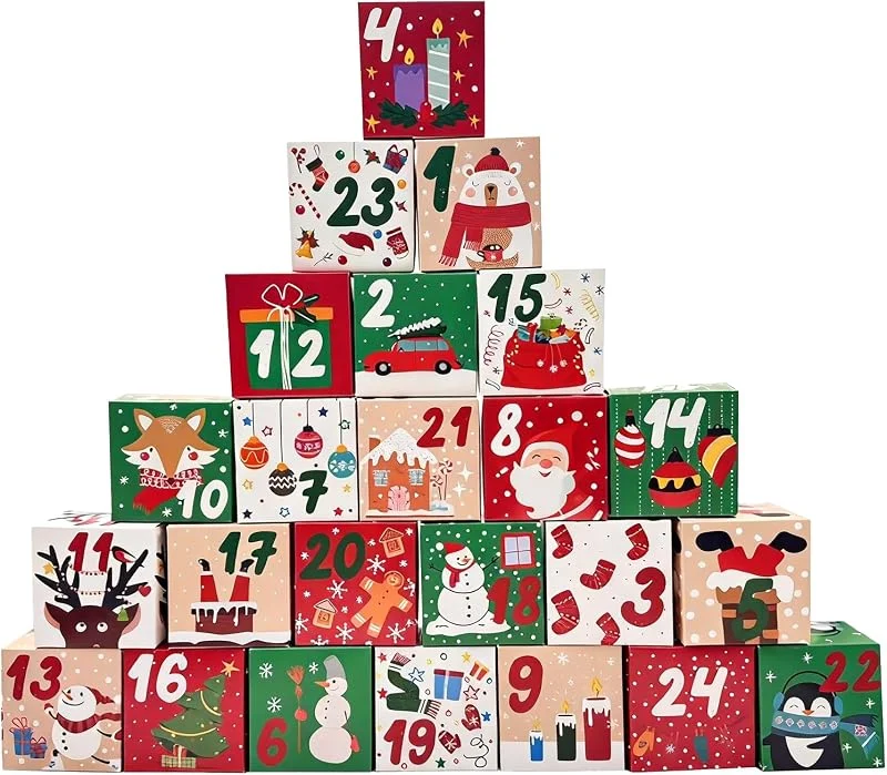 Fllyvly Calendario de Adviento para Rellenar - Pack de 24 Cajas de Regalo con Motivos Navideños en Verde y Rojo, Perfectas para Sorpresas y Dulces, Ideal para la Temporada de Adviento — Adviento y mesa