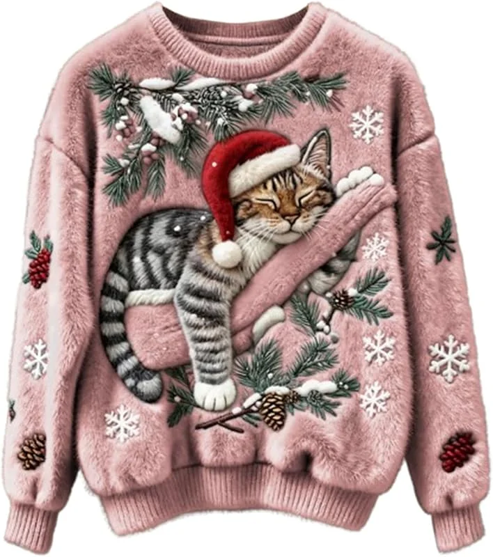 Genérico Suéter de Navidad para Mujer, Divertido y Lindo con Estampado de Gato y Perro, Sudadera de Franela de Forro Polar de Gran tamaño, suéter Acogedor para Vacaciones Comodidad — Ropa Navidad