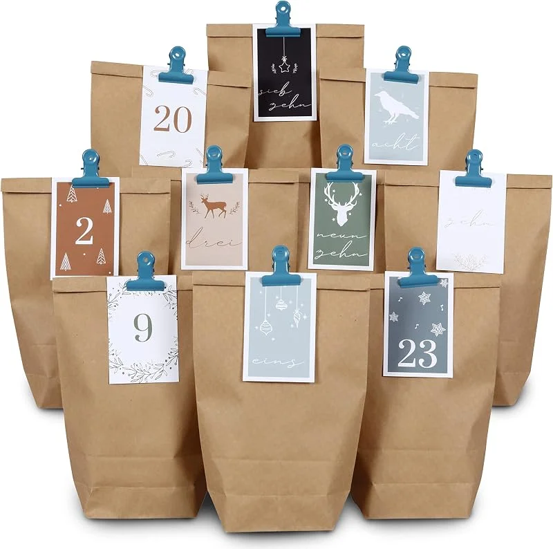 Papierdrachen Calendario Adviento, DIY, para llenar usted mismo, bolsas y pinzas marrones, azul - verde, set 5 — Adviento y mesa