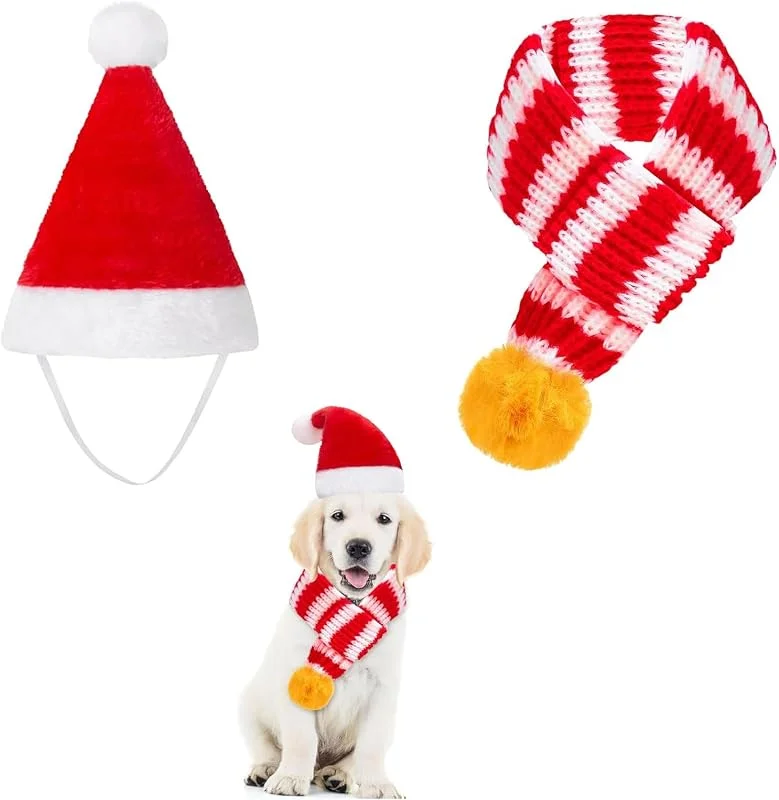 YTAXYZWR Disfraz Navidad Perro 2 Piezas – Accesorios navideños para Mascotas pequeñas con Gorro y Bufanda, Conjunto Rojo Blanco cálido para Gato o Perro Mini Ideal para Fotos y Fiestas navideñas — Ropa Navidad