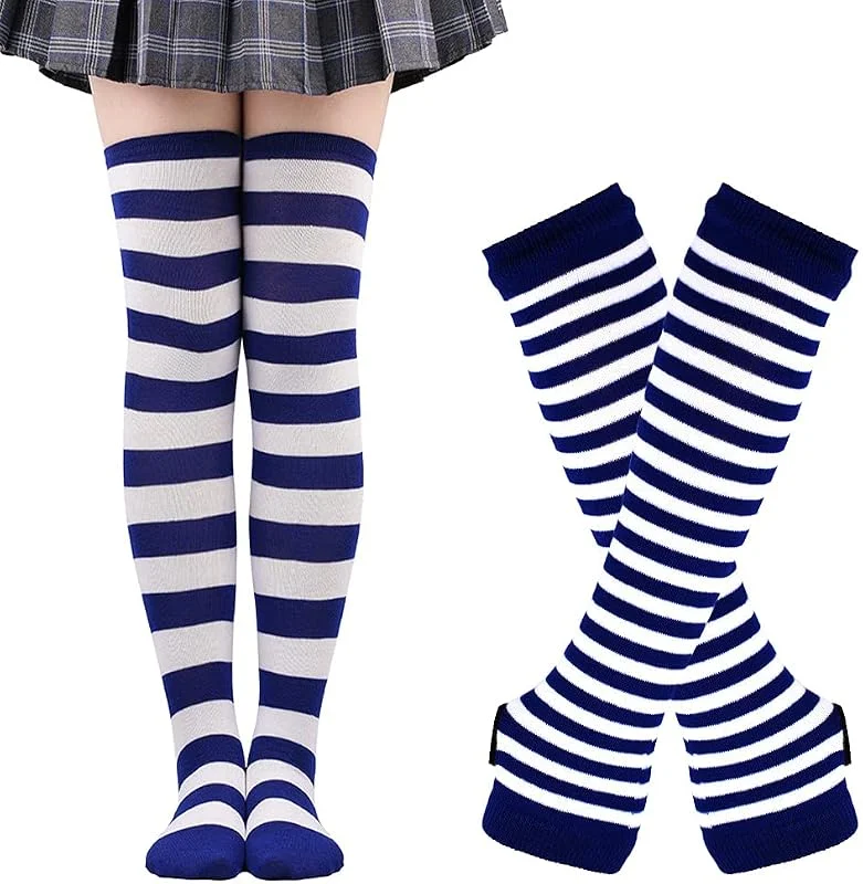 Visita la tienda de Thajaling Calcetines para mujer, Guantes sin dedos a rayas, Juego de calcetines altos hasta la rodilla, Calcetines largos a rayas para cosplay de niñas, Guantes mitones para Halloween — Ropa Navidad