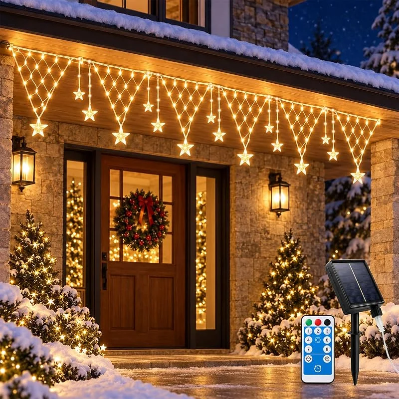 Prosishing Guirnalda Solar Navidad 196 LED Estrellas, Carámbanos, Mando 5 × 0, 6 m — Decoracion Navidad