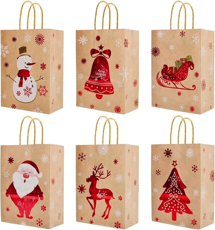 NUOGUAYI Bolsas de Regalo Navidad, 12 Piezas Bolsas de Papel Navideñas, Bolsas De Papel Con Asas, Papel Kraft Bolsas Navidad, para Envolver Regalos, Fiesta de Navidad, regalos navideños — Envoltorio regalo