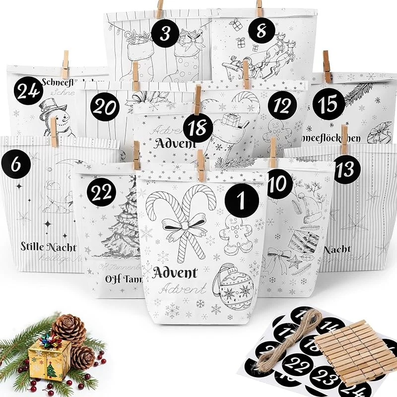 Visita la tienda de HAUSPROFI HAUSPROFI Calendario de Adviento para rellenar con 12 diseños – 24 bolsas de papel para manualidades – Juego de calendario de Navidad, incluye pegatinas de números, pinzas de madera y cuerda — Adviento y mesa