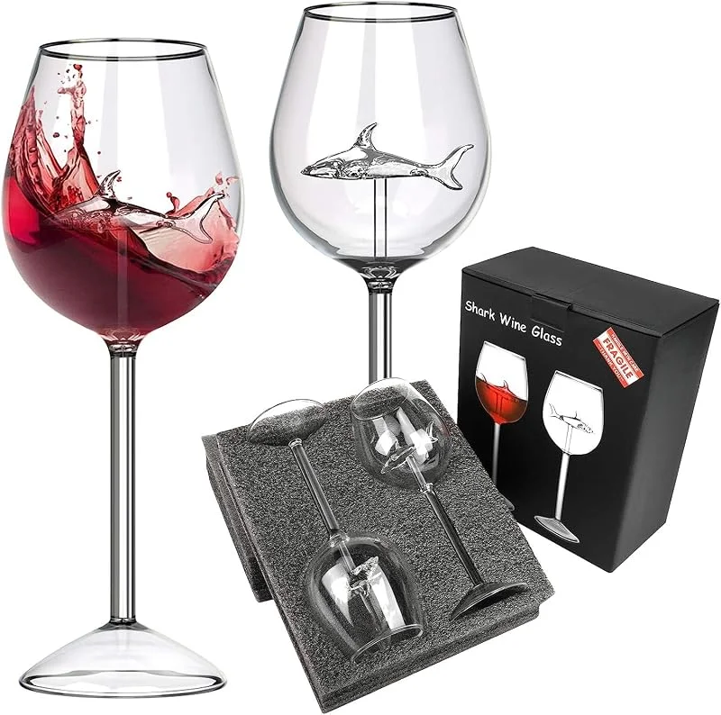 Visita la tienda de ROXANEPIG 2PACK Copas de vino tinto con tiburón en el interior, copas de cristal, regalo novedoso para adultos, hogar, bar, fiesta, celebración de Navidad — Vino y mesa festiva