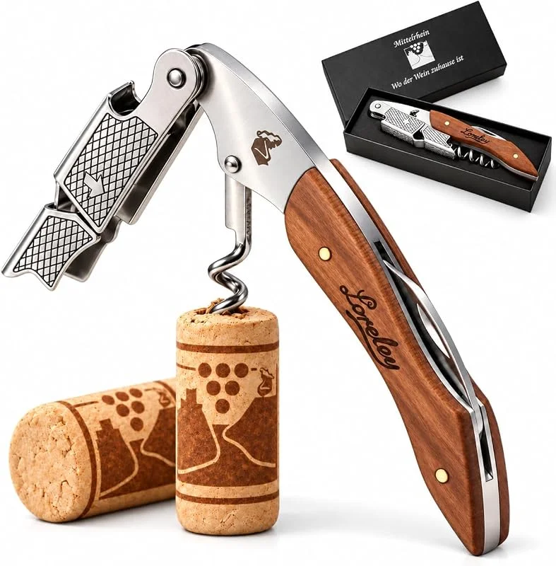 LEONARDINO Loreley® MITTELRHEIN Germany - Cuchillo de camarero, sacacorchos, abridor de botellas hecho de madera de olivo y acero inoxidable para camareros y camareros, cualquier hogar y ocasión (Loreley-Deluxe — Vino y mesa festiva