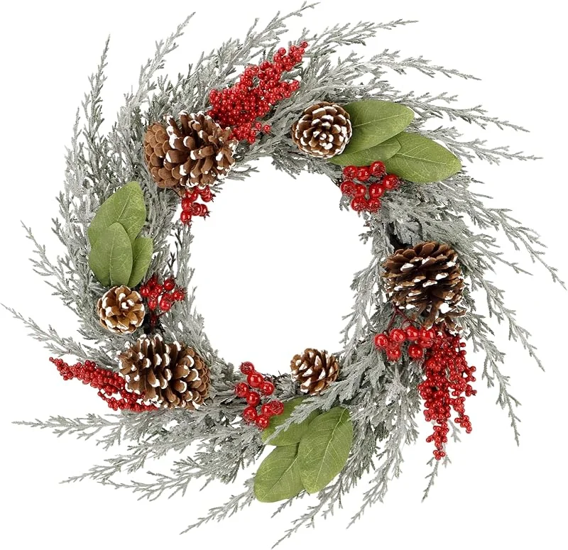 Zavothy Corona de Puerta de Navidad 50 cm, Corona de Navidad, Corona Artificial con Piñas y Bolas de Navidad, Corona de Adviento, Decoración de Navidad, Decoración de Puerta de Casa, Selady y Rojo — Decoracion Navidad