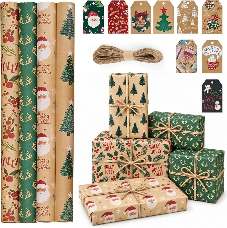 Shyllin Papel de regalo de Navidad, papel de estraza 4 rollos — Envoltorio regalo