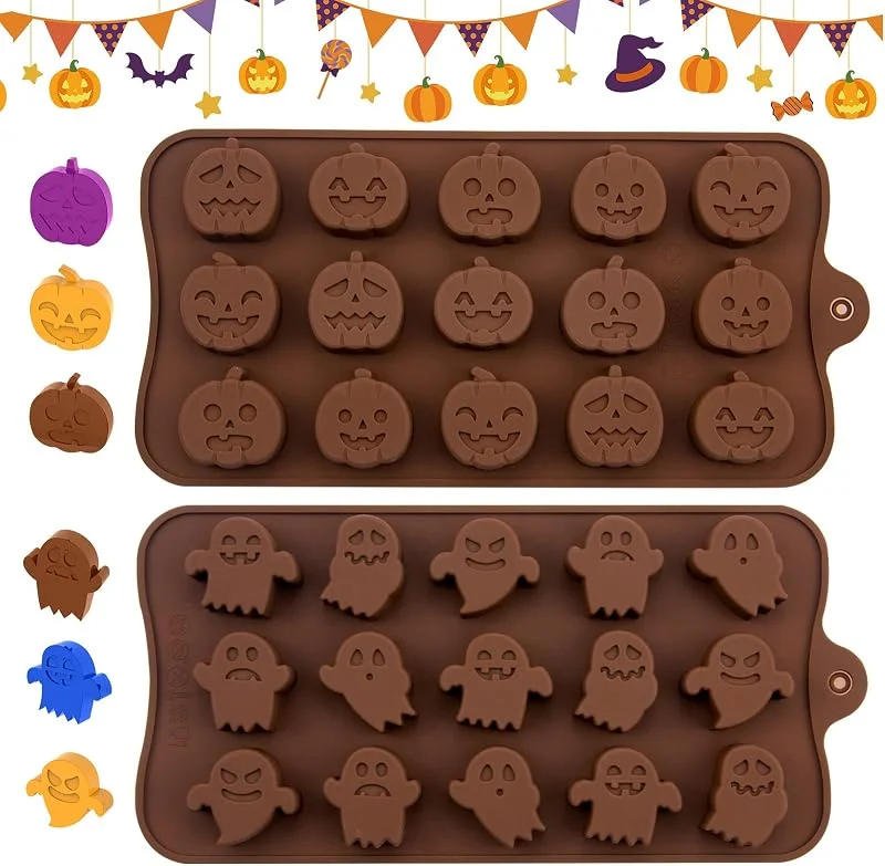 Leikedun 2 Piezas Molde Silicona Halloween Chocolates, un total de 30 cavidades, calabaza, fantasma para Hornear Antiadherente para gomitas, dulces, chocolate, galletas DIY — Hogar y cocina