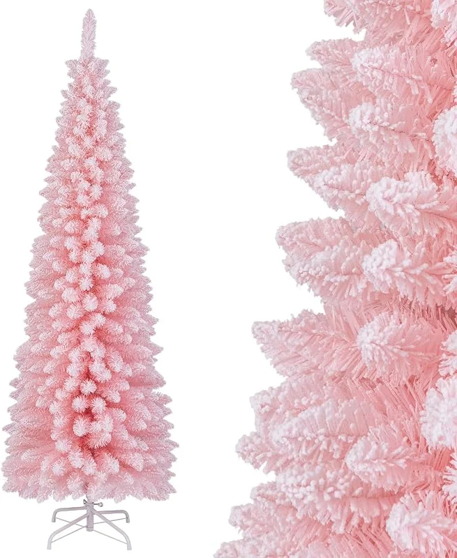 Visita la tienda de COSTWAY COSTWAY Árbol de Navidad Nevado 180cm, Arbol de Navidad Slim, Estrecho, 460 Puntas de PVC, Arvore de Natal Lápiz Soporte de Metal Casa, Oficina (180cm, Rosa) — Decoracion Navidad