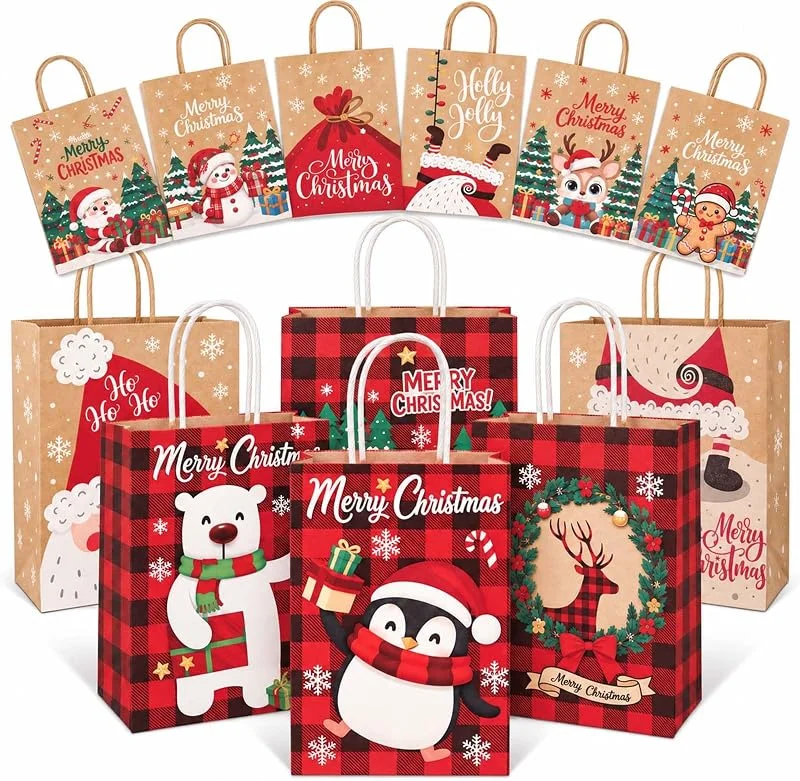 Verphysis 12 Piezas Bolsa Regalo Navidad, Bolsas de Navidad de Papel con Asa, 21x15x8cm — Envoltorio regalo