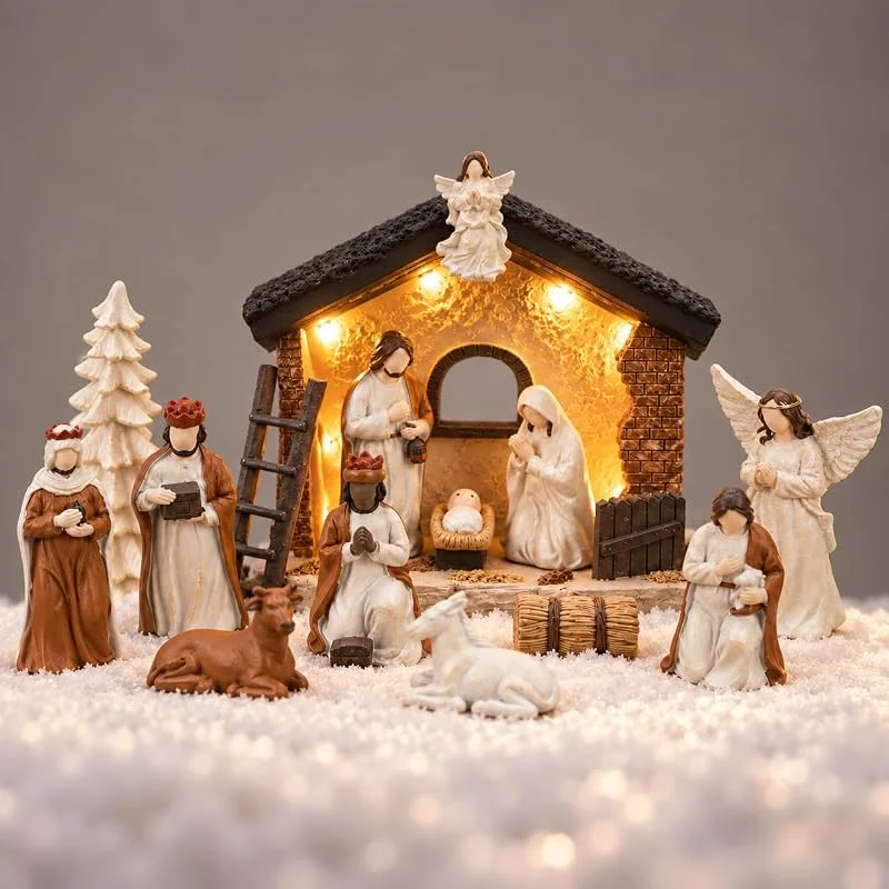 Ulable Belén de Navidad de 14 Piezas Nacimiento con Portal y Figuras de Resina — Decoracion Navidad