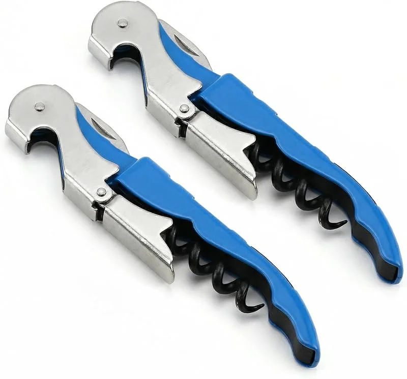 LifgWas 2 abridores de vino profesionales de acero al carbono – Abrebotellas de doble palanca con sacacorchos y cortador de cápsulas, calidad de restaurante para camareros y camareros, color azul — Vino y mesa festiva