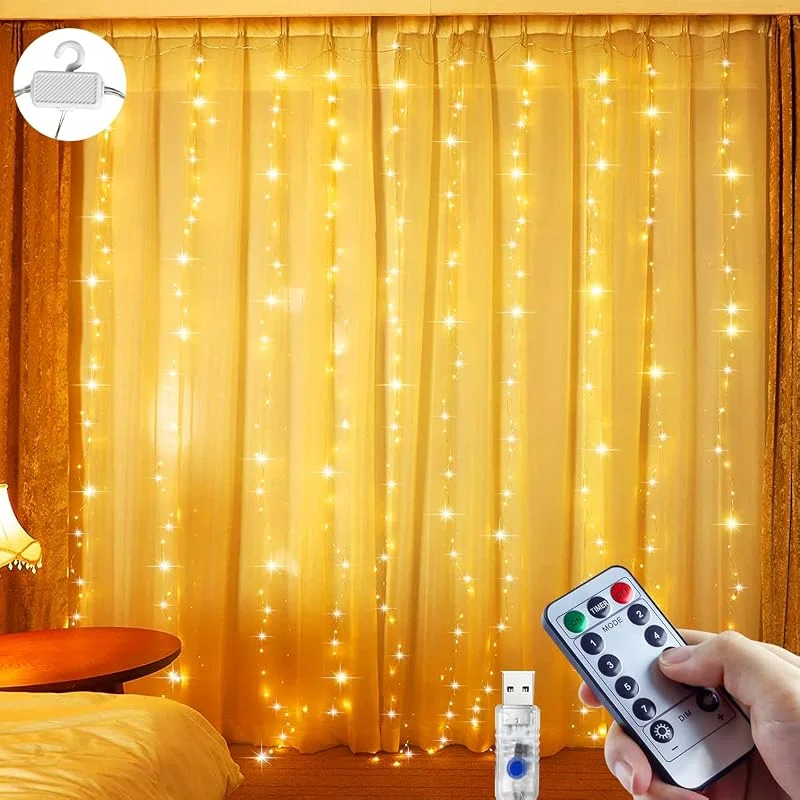 ZYRIVON Cortina de Luces, 3m*3m 300 LED Cortina Luces Navidad con Remoto, Alimentadas USB, Impermeable 8 Modos 6 Brightness para Navidad, Fiestas, Dormitorio, JardíN, Interior, Exterior (Blanco CáLido)