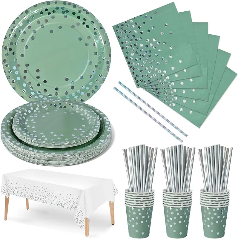Nkaiso 126 Piezas Verde Hierba Plata Vajilla Fiesta Platos Papel Vasos — Adviento y mesa