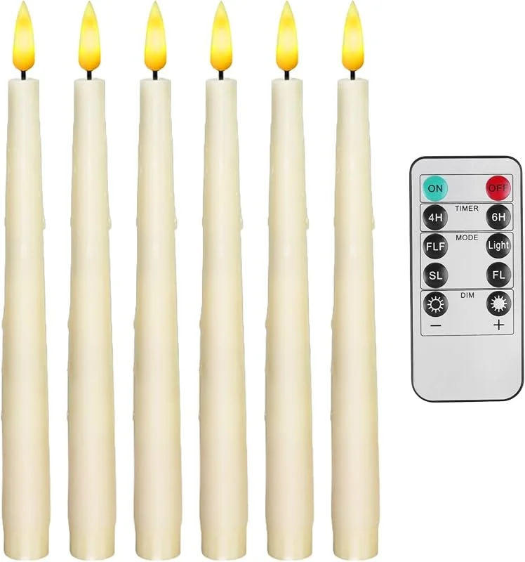 HOSPAOP Velas LED con función de temporizador, 6 unidades de velas eléctricas, llama parpadeante con mando a distancia, 27 cm, velas de plástico sin llama, funcionan con pilas, para Navidad — Luces Navidad