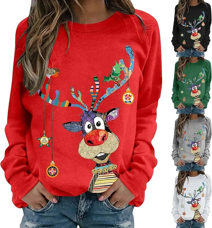 tacniseyw Suéter de Navidad para mujer, con estampado gráfico de reno, sudadera de manga larga para mujer, camiseta fea de cuello redondo, sudadera casual de Navidad, novedosa camiseta gráfica — Ropa Navidad