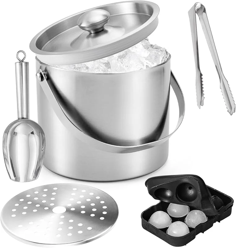 JAOGAUS Cubitera de 4L con Tapa, Set de Cubo de Hielo de Acero Inoxidable — Vino y mesa festiva