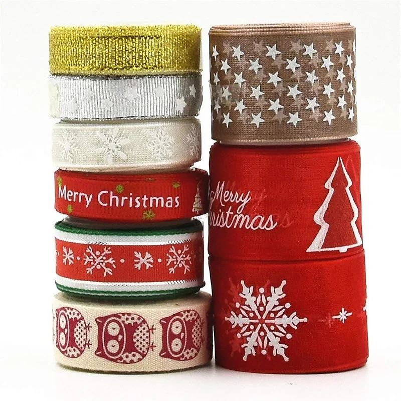 byou Cinta Navidad, Cintas de Grosgrain 9 piezas 18 yardas Ribbon Tela para Manualidades Lazos Decoración Embalaje Regalo Cajas Flores Arbol Navidad Boda Fiestas Cumpleaños — Envoltorio regalo